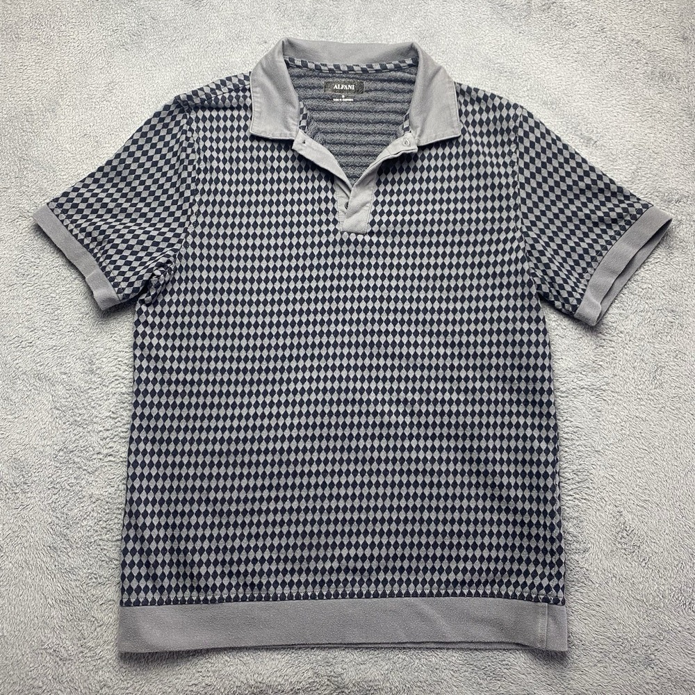 Alfani Short Sleeve Polo Shirt‎ Men's Size Medium Grey And Dark Navy Pattern